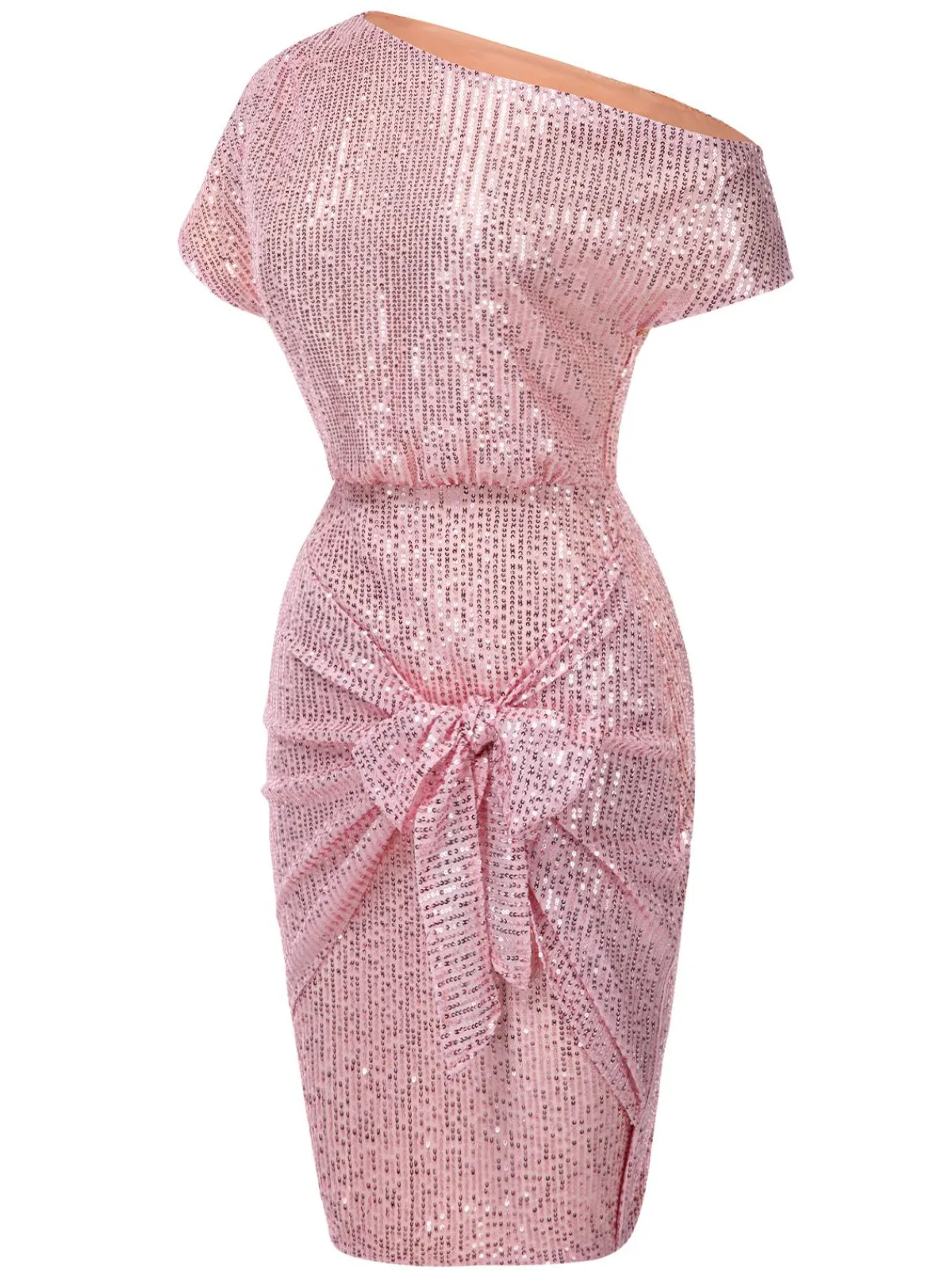 Online Retro Stage 1960s Solid Sequined One-Shoulder Wrap Dress