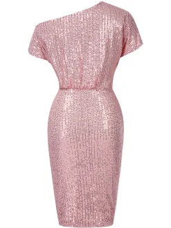 Online Retro Stage 1960s Solid Sequined One-Shoulder Wrap Dress