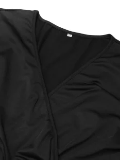 Discount Retro Stage 1950s Solid Sheer Sleeves V-Neck Jumpsuit Black