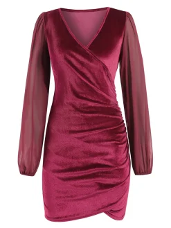 Hot Retro Stage 1960s Solid Sheer Sleeves V-Neck Velvet Dress