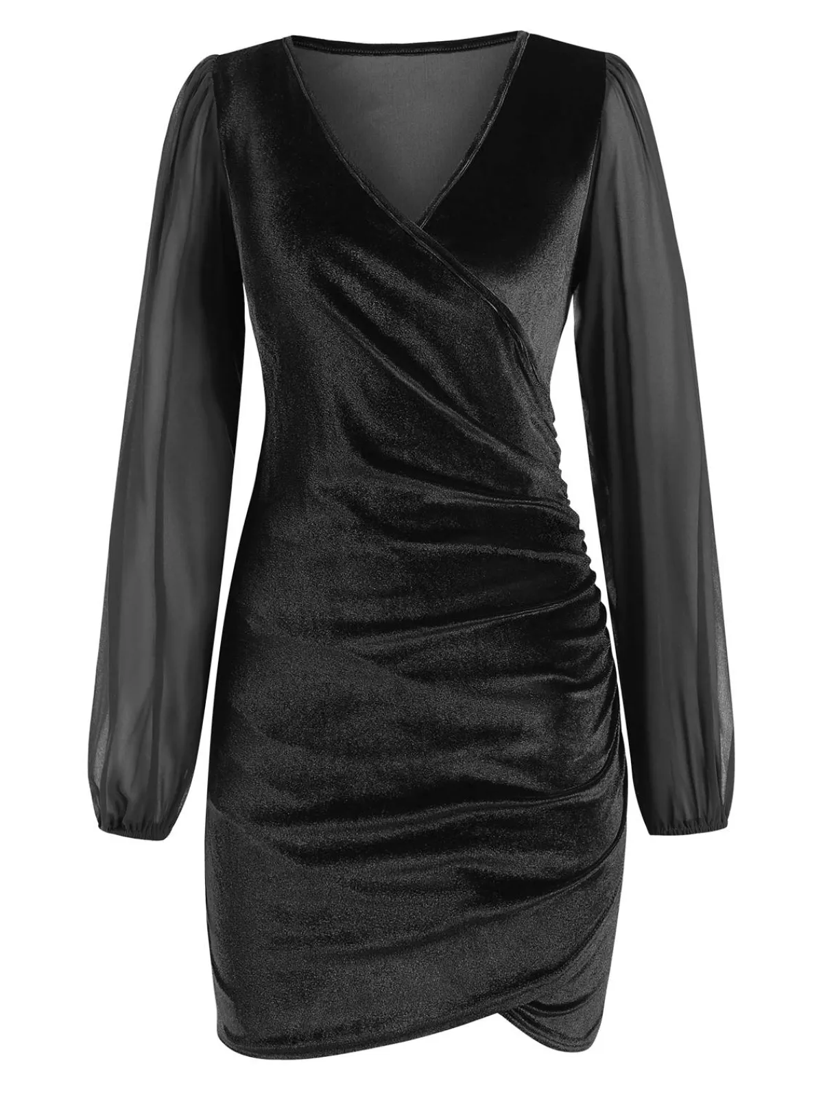 Hot Retro Stage 1960s Solid Sheer Sleeves V-Neck Velvet Dress