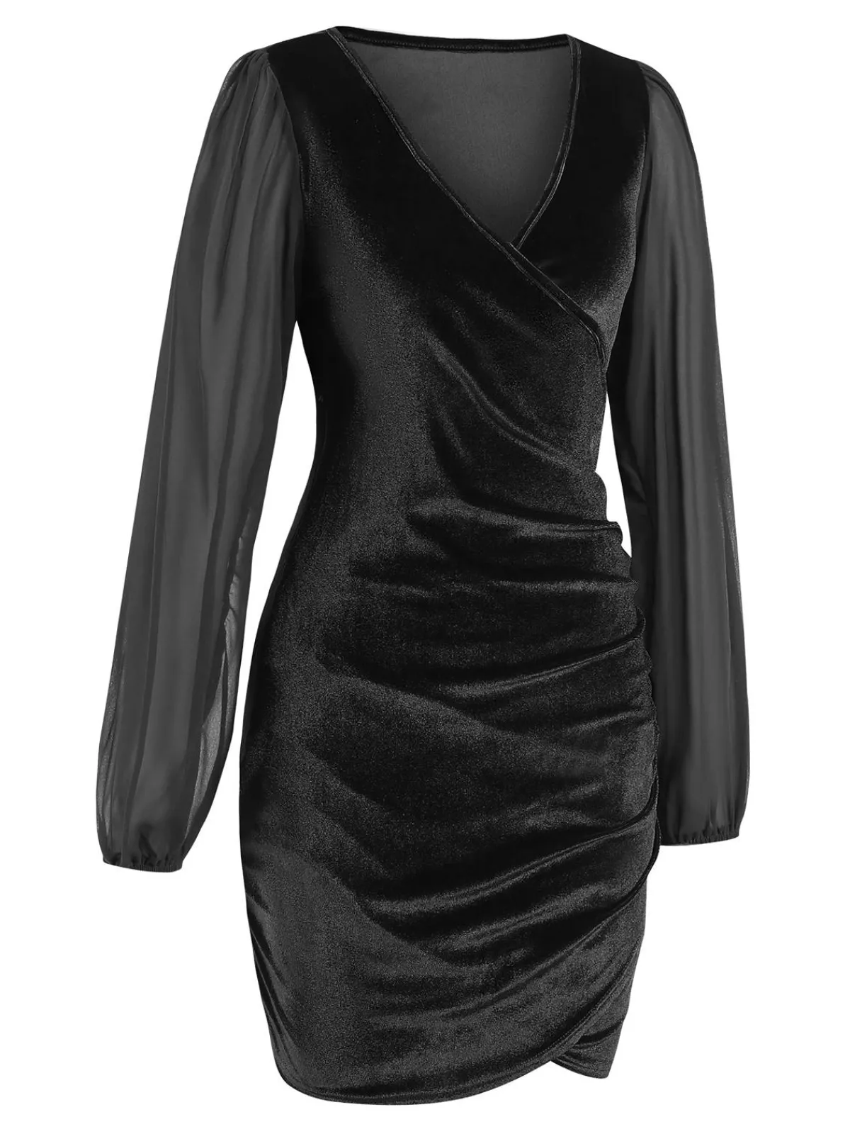 Hot Retro Stage 1960s Solid Sheer Sleeves V-Neck Velvet Dress