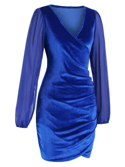 Hot Retro Stage 1960s Solid Sheer Sleeves V-Neck Velvet Dress