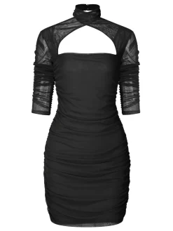 Online Retro Stage 1960s Solid Sheer Wrinkle Halter Bodycon Dress