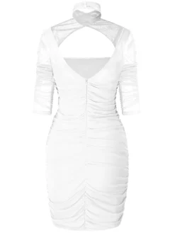 Online Retro Stage 1960s Solid Sheer Wrinkle Halter Bodycon Dress
