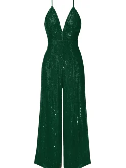 Hot Retro Stage 1930s Solid Shiny Slip Vintage Jumpsuit Dark Green