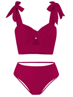 Best Retro Stage 1940s Solid Shoulder Tie Hollow Swimsuit & Cove-Up