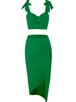 Best Retro Stage 1940s Solid Shoulder Tie Hollow Swimsuit & Cove-Up