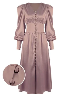 Hot Retro Stage 1940s Solid Silk Buttoned Tea Dress