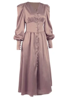 Hot Retro Stage 1940s Solid Silk Buttoned Tea Dress