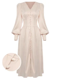 Hot Retro Stage 1940s Solid Silk Buttoned Tea Dress