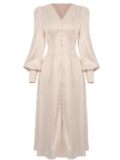 Hot Retro Stage 1940s Solid Silk Buttoned Tea Dress Beige