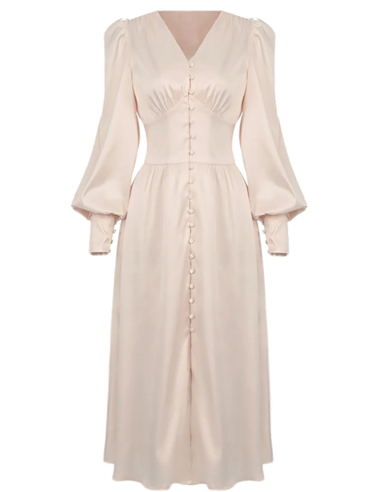 Hot Retro Stage 1940s Solid Silk Buttoned Tea Dress Beige
