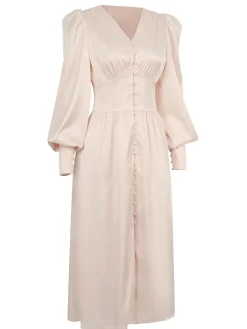 Hot Retro Stage 1940s Solid Silk Buttoned Tea Dress Beige