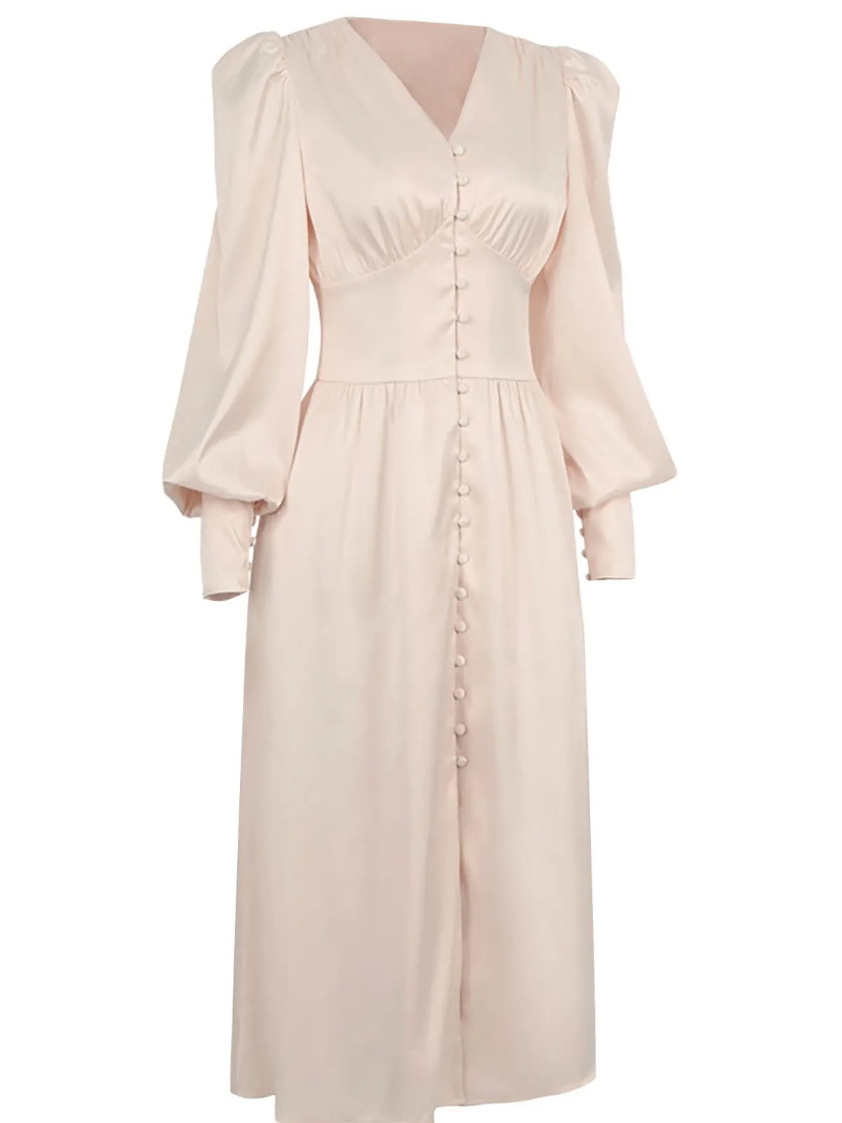 Hot Retro Stage 1940s Solid Silk Buttoned Tea Dress Beige