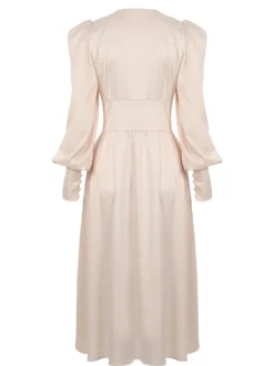 Hot Retro Stage 1940s Solid Silk Buttoned Tea Dress Beige
