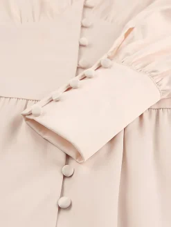 Hot Retro Stage 1940s Solid Silk Buttoned Tea Dress Beige