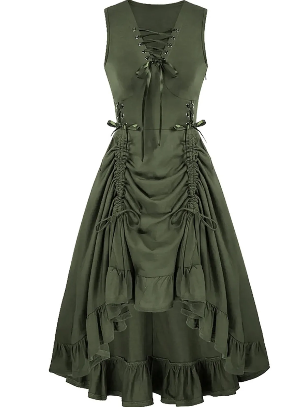 Online Retro Stage 1940s Solid Sleeveless Drawstring Lace-Up Dress