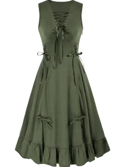 Online Retro Stage 1940s Solid Sleeveless Drawstring Lace-Up Dress