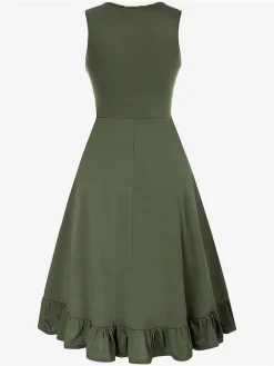 Online Retro Stage 1940s Solid Sleeveless Drawstring Lace-Up Dress