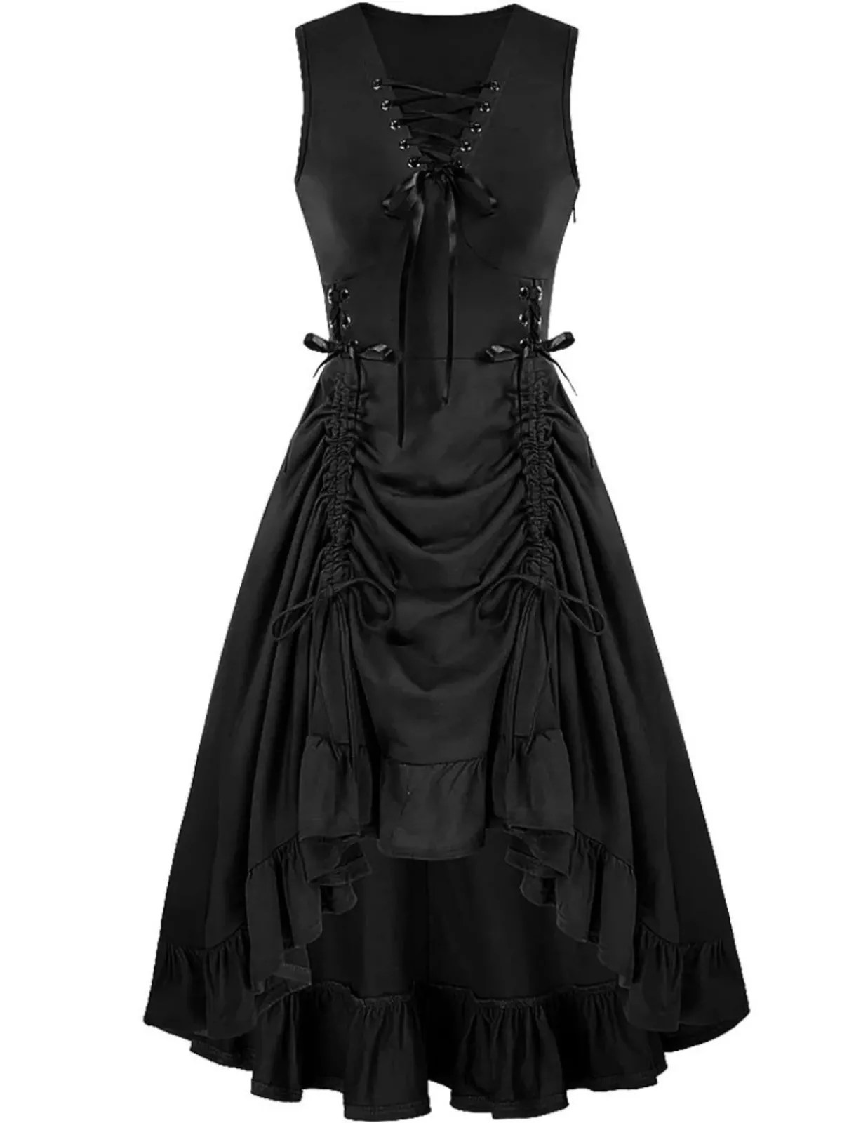 Online Retro Stage 1940s Solid Sleeveless Drawstring Lace-Up Dress