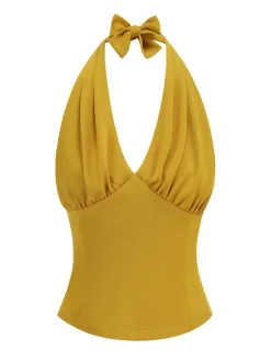Best Retro Stage 1950s Solid Sleeveless Halter Ruched Top
