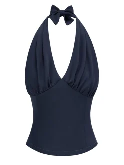 Best Retro Stage 1950s Solid Sleeveless Halter Ruched Top
