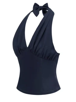 Best Retro Stage 1950s Solid Sleeveless Halter Ruched Top