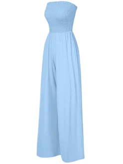Hot Retro Stage 1970s Solid Sleeveless Smocked Bandeau Jumpsuit