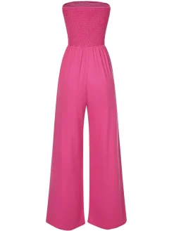 Hot Retro Stage 1970s Solid Sleeveless Smocked Bandeau Jumpsuit