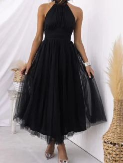 Hot Retro Stage 1940s Solid Sleeveless Turtleneck Halter Mesh Dress
