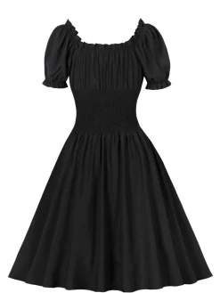 Hot Retro Stage 1950s Solid Smocked Waist Off-Shoulder Dress