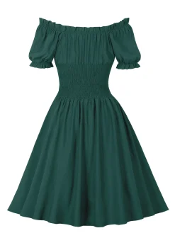 Hot Retro Stage 1950s Solid Smocked Waist Off-Shoulder Dress