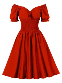 Hot Retro Stage 1950s Solid Smocked Waist Off-Shoulder Dress