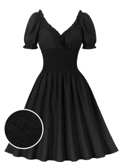 Hot Retro Stage 1950s Solid Smocked Waist Off-Shoulder Dress