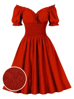 Best Retro Stage 1950s Solid Smocked Waist Off-Shoulder Dress