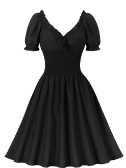 Best Retro Stage 1950s Solid Smocked Waist Off-Shoulder Dress
