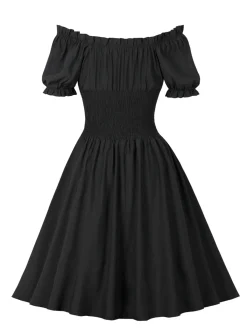 Best Retro Stage 1950s Solid Smocked Waist Off-Shoulder Dress