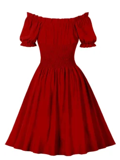 Best Retro Stage 1950s Solid Smocked Waist Off-Shoulder Dress