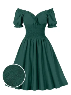 Best Retro Stage 1950s Solid Smocked Waist Off-Shoulder Dress