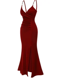 Fashion Retro Stage 1930s Solid Spaghetti Straps Velvet Pleated Dress