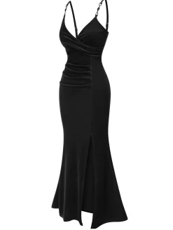 Fashion Retro Stage 1930s Solid Spaghetti Straps Velvet Pleated Dress