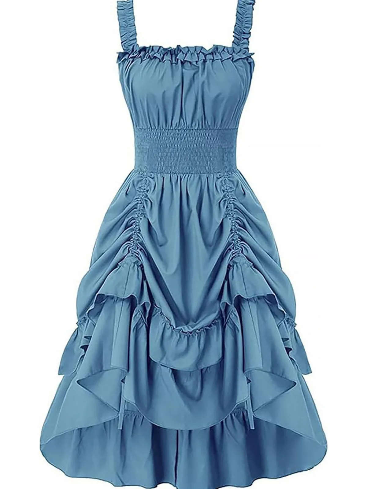 Sale Retro Stage 1930s Solid Square Neck Drawstring Layered Dress