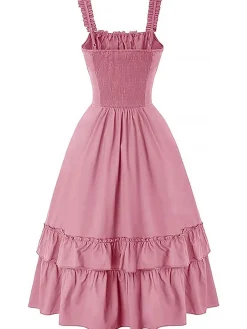 Sale Retro Stage 1930s Solid Square Neck Drawstring Layered Dress