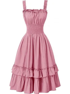 Sale Retro Stage 1930s Solid Square Neck Drawstring Layered Dress