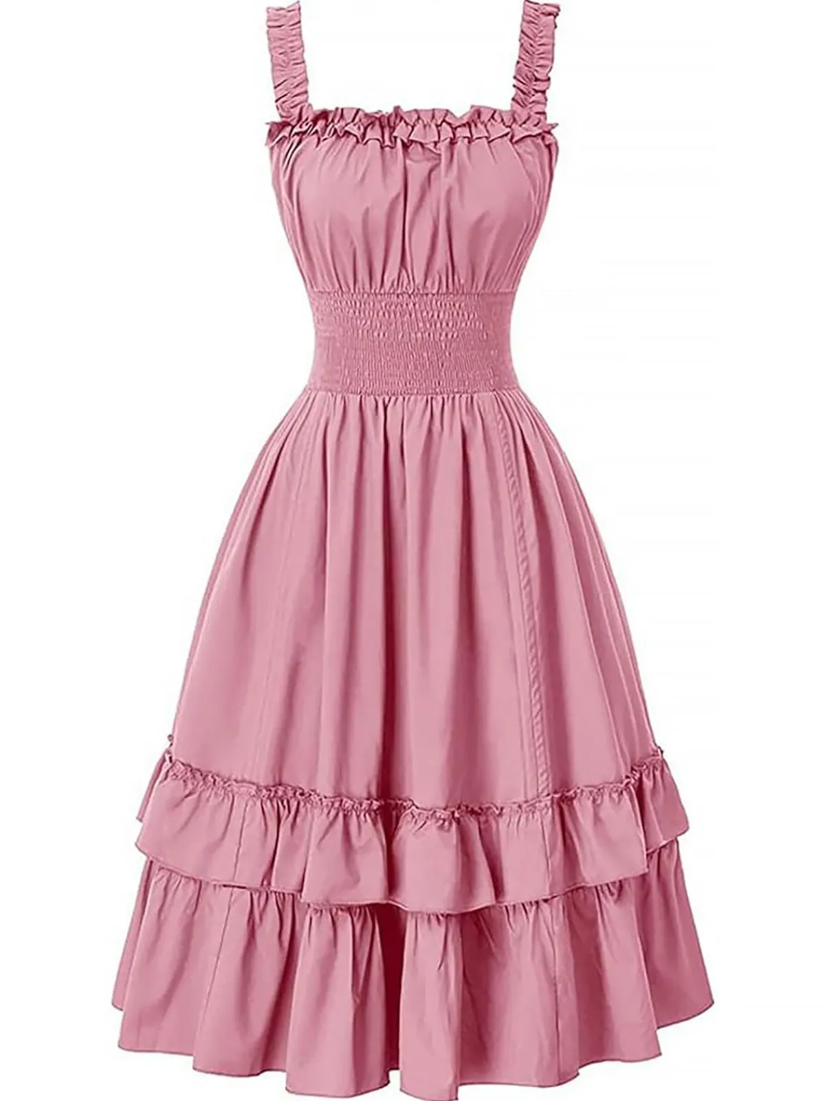 Sale Retro Stage 1930s Solid Square Neck Drawstring Layered Dress