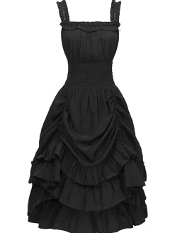 Sale Retro Stage 1930s Solid Square Neck Drawstring Layered Dress