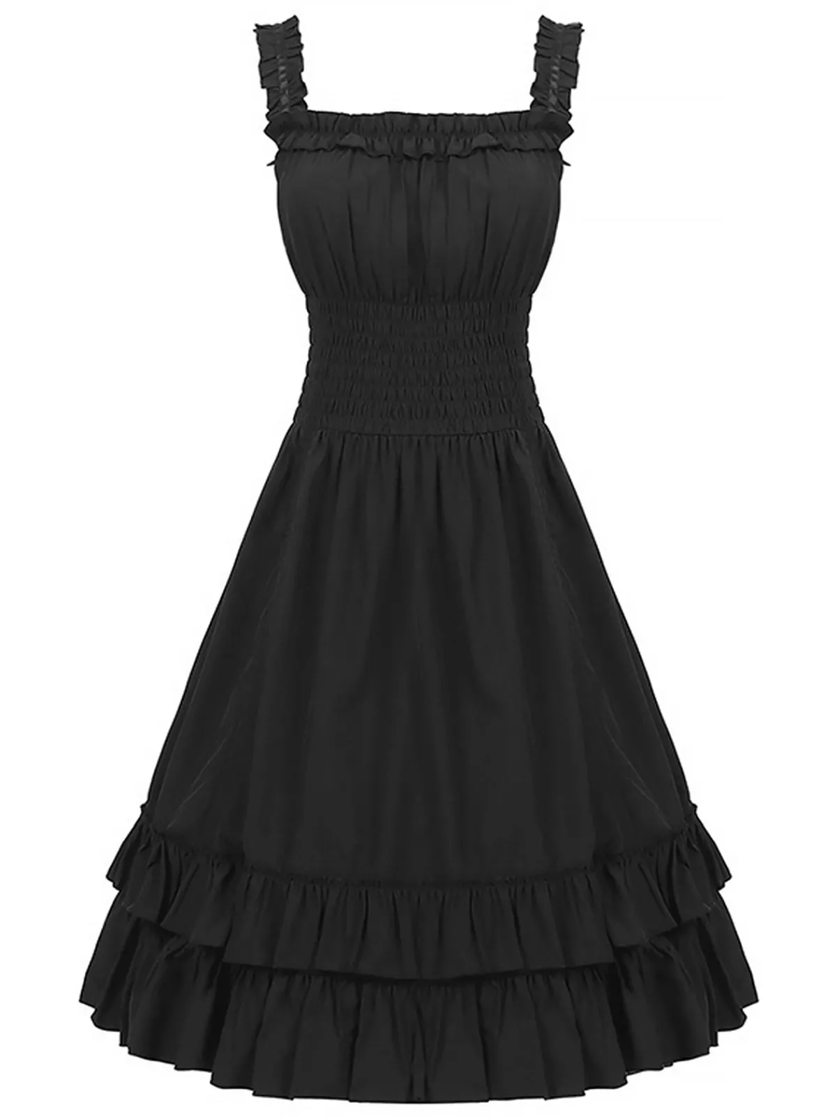 Sale Retro Stage 1930s Solid Square Neck Drawstring Layered Dress