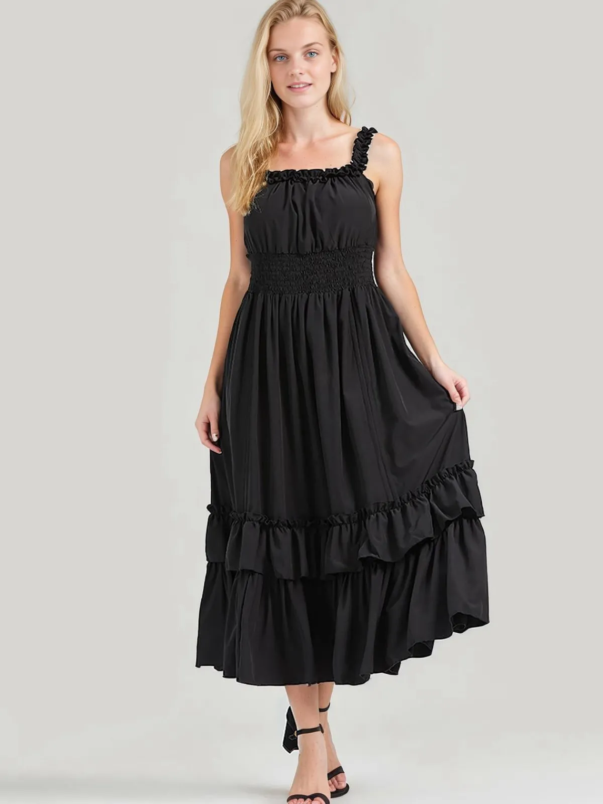 Sale Retro Stage 1930s Solid Square Neck Drawstring Layered Dress
