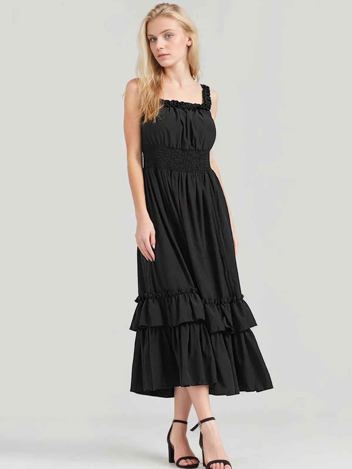 Sale Retro Stage 1930s Solid Square Neck Drawstring Layered Dress
